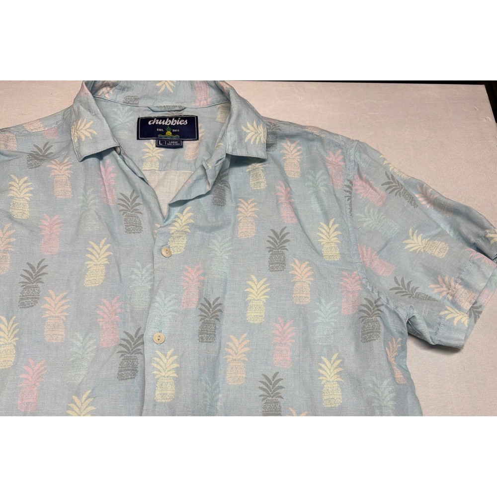 Chubbies Linen Blend Camp Shirt Mens Large Blue Pineapple Button Up‎ Lightweight